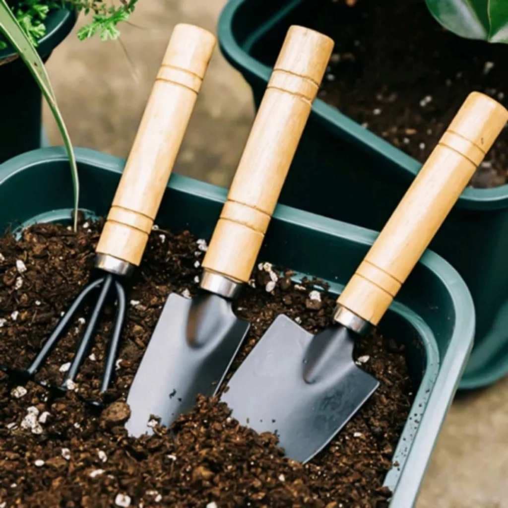 Kit Jardinagem 3pç Ferramenta Pá Ancinho Garfo Pazinha Madeira Horta Jardim Vaso Planta Suculenta