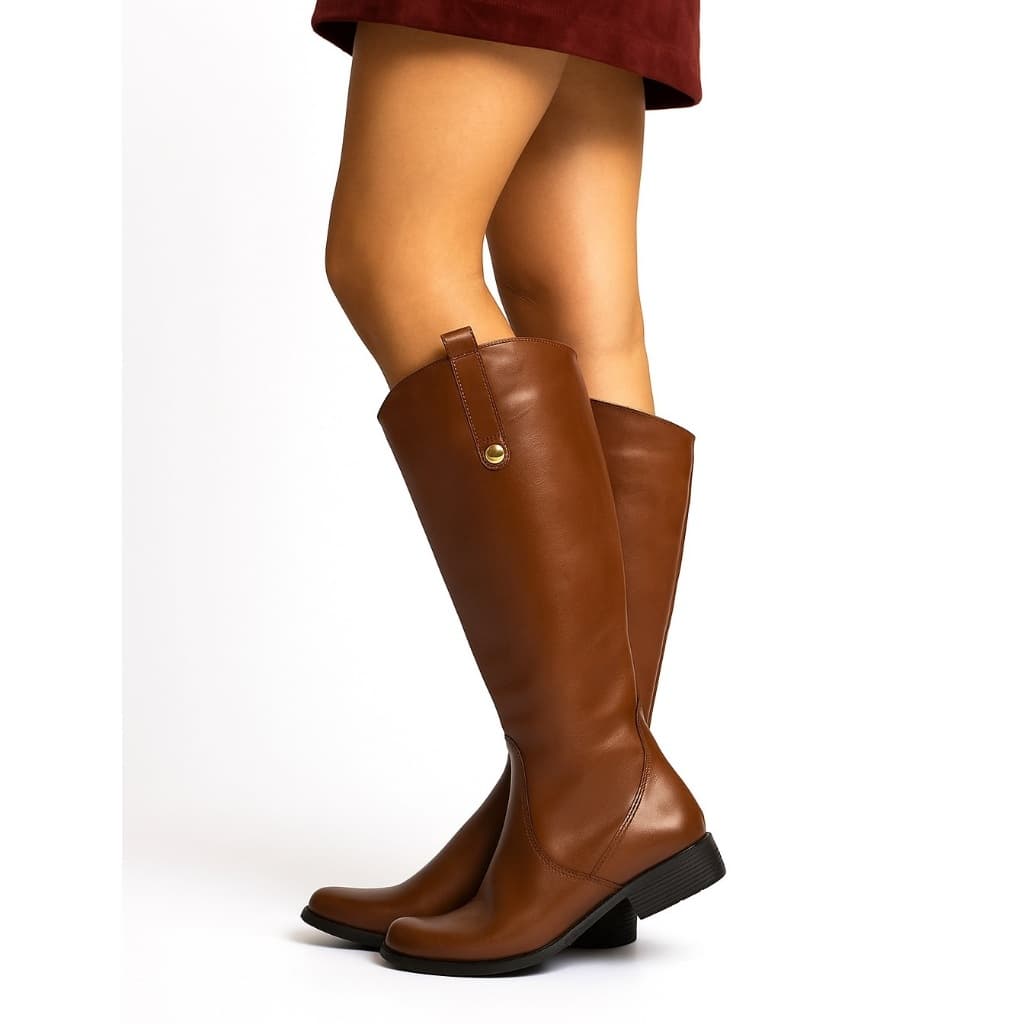 Bota Feminina Cano Alto Couro Montaria Salto Baixo Confortavel Moda Country Rodeio Estilo Elegante
