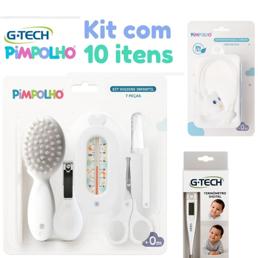 Kit enxoval Premium Higiene para bebe 10 Peças – Com Termômetro G-Tech + Aspirador Nasal c/ Estojo Pimpolho e G-tech