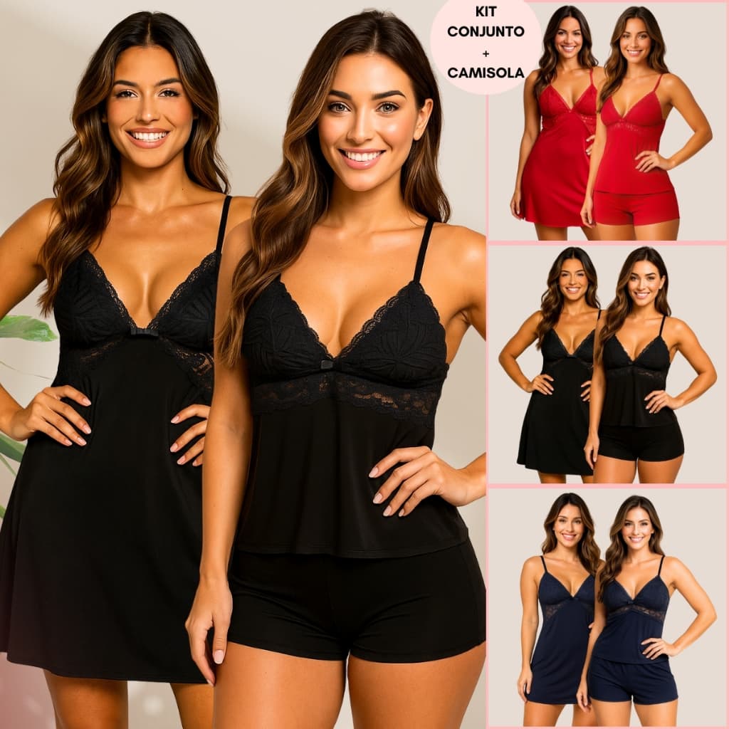 Kit Camisola E Conjunto Babydoll Short Confortável Renda