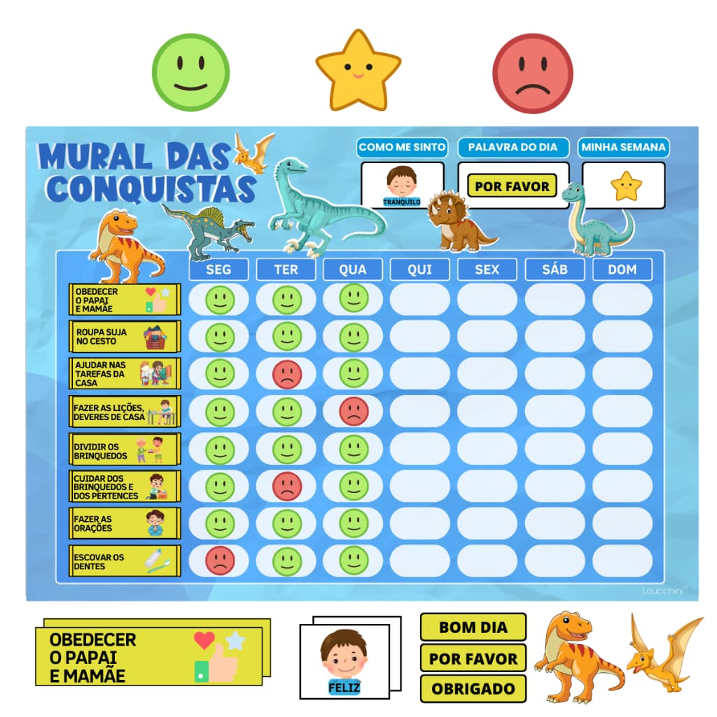 Mural das Conquistas Infantil Incentivo e Organização de Tarefas Tema Dinossauro
