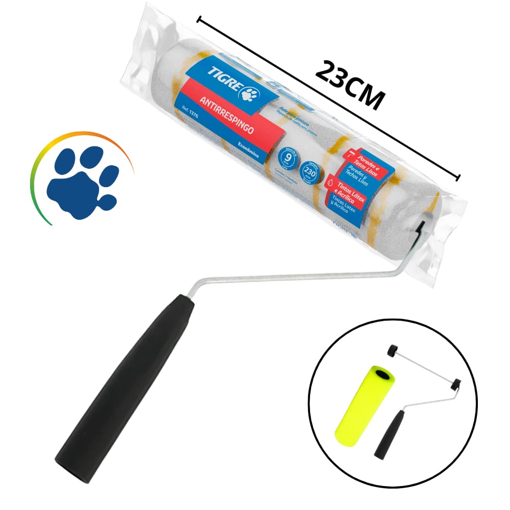 Kit Pintura Rolo 23cm Anti Respingo Tigre + Suporte P/ Rolo