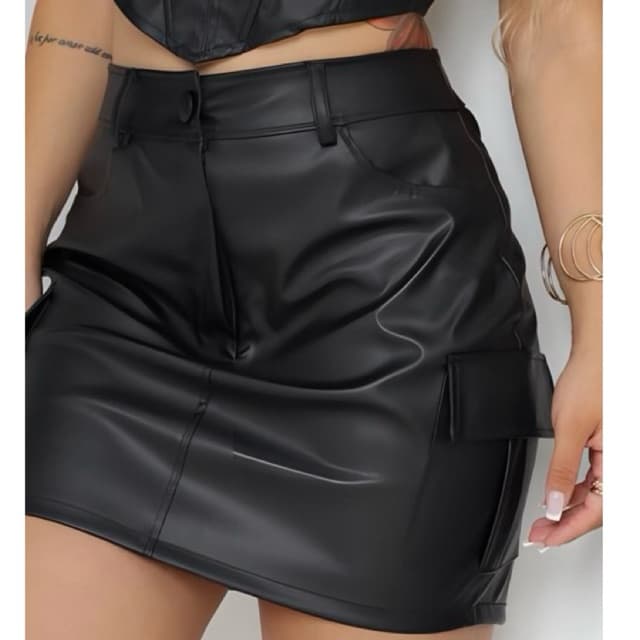 Saia Cargo Feminina Couro Cintura Alta Elegante Moda Inverno