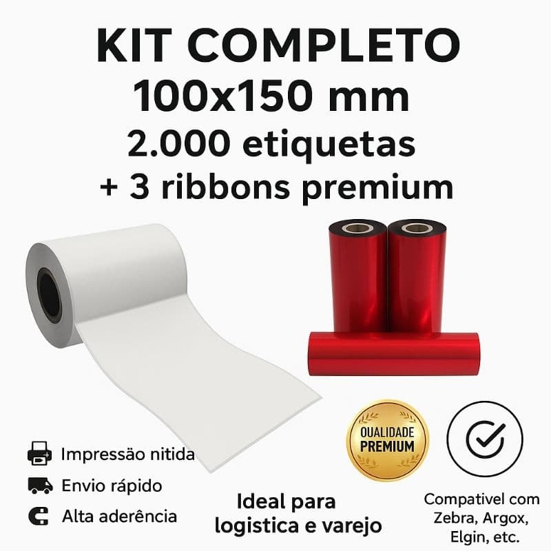 Etiqueta Adesiva Couchê 100x150mm + 3 Ribbons | 2.000 Unidades Impressão Térmica