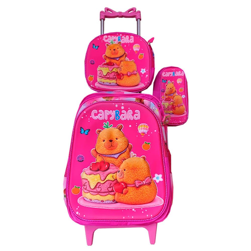 Kit Mochila Capybara Feminina em 3D com Rodinhas + Lancheira Térmica + estojo Escolar Infantil
