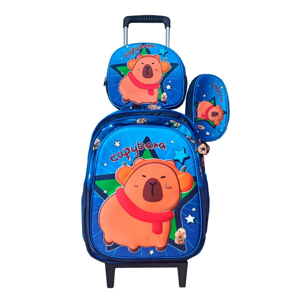 Kit Mochila da Capybara em 3D Azul com Rodinhas + Lancheira Térmica + Estojo Escolar Infantil