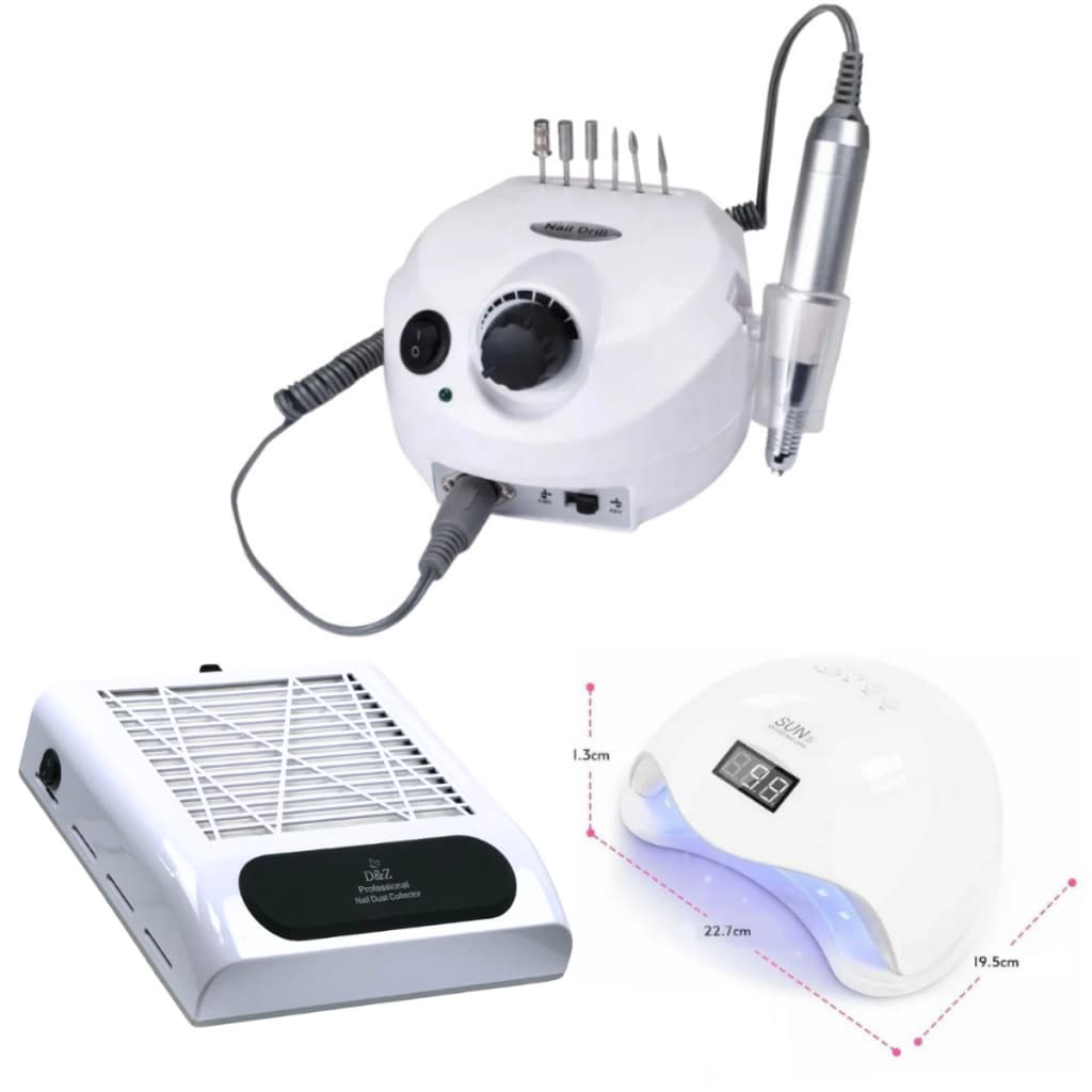 Kit Lixadeira Porquinho 50000 RPM Nail Drill + Cabine Sun 5 + Coletor de Pó de unha D&Z 80W
