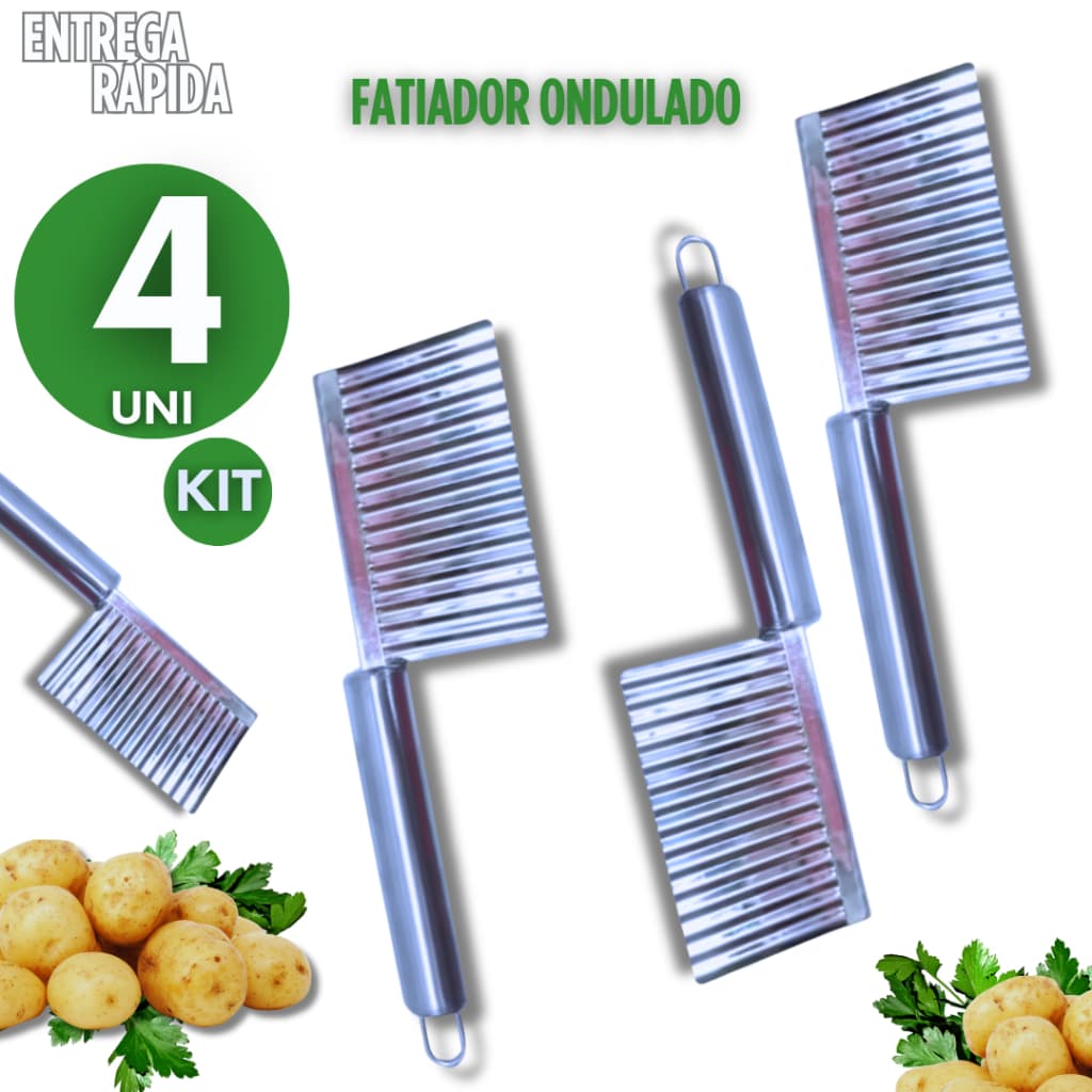 KIT 4 PEÇAS FATIADOR ONDULADOR AÇO INOX 22 CM CORTA FRUTAS BATADAS DECORADAS