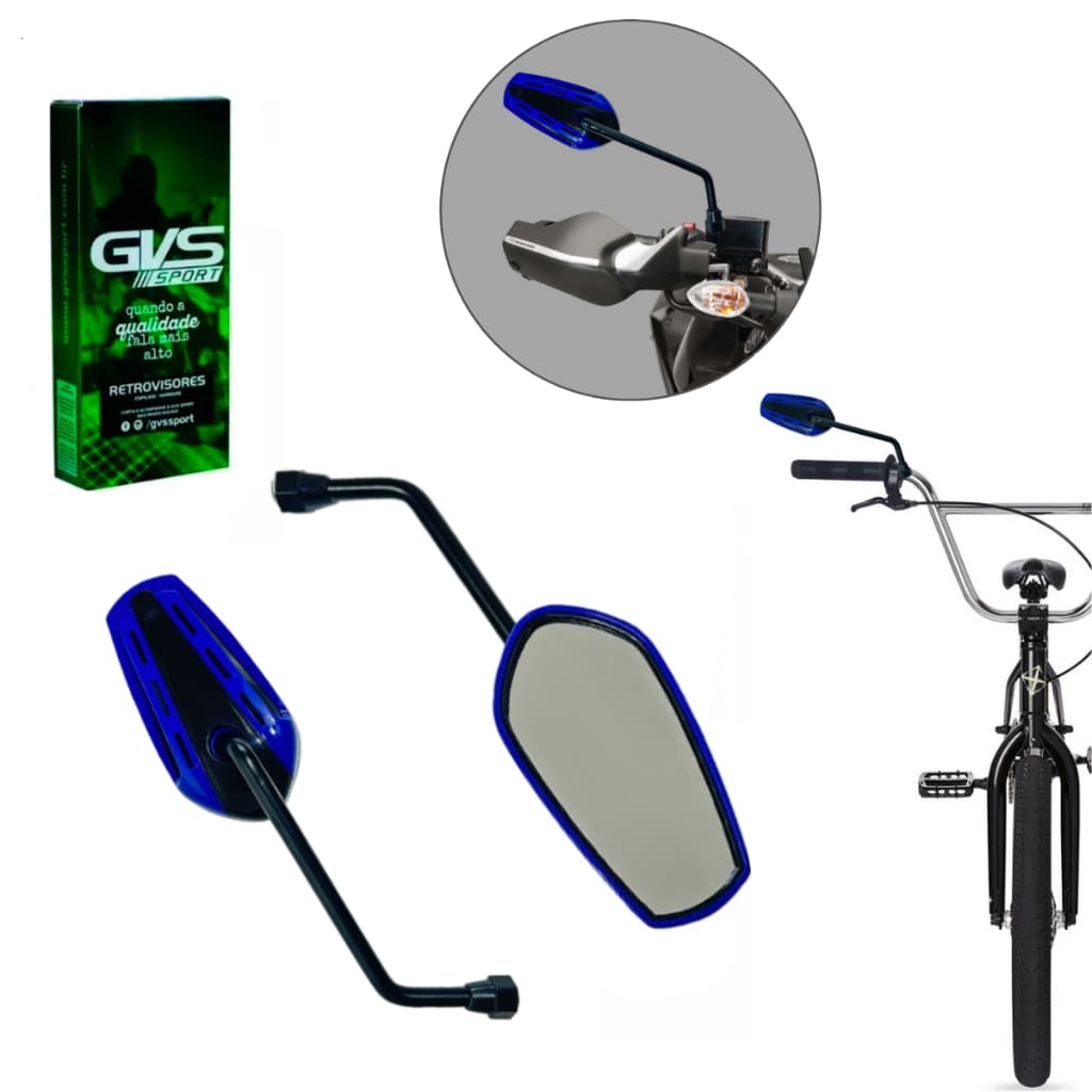 Retrovisor GVS GTX Azul Lente Plana Moto Par ou Bike Com Adaptador Abraçadeira