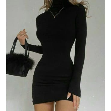 Vestido Feminino Canelado Manga Longa Gola Alta Curtinho Coladinho Balada Tendencia Blogueira