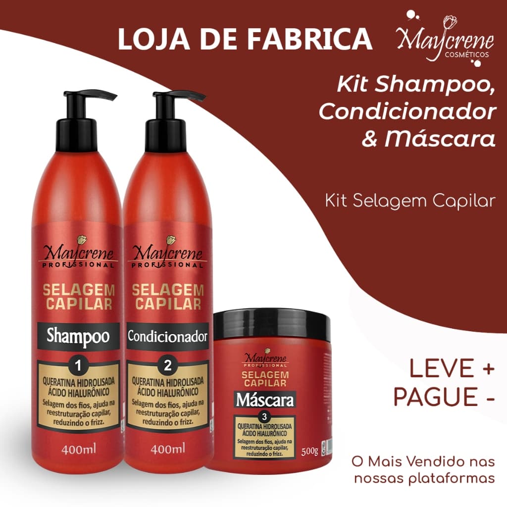 Kit Selagem Capilar 3 em 1 Maycrene | Alinhamento e Brilho Intenso – Shampoo+Condicionado +Máscara