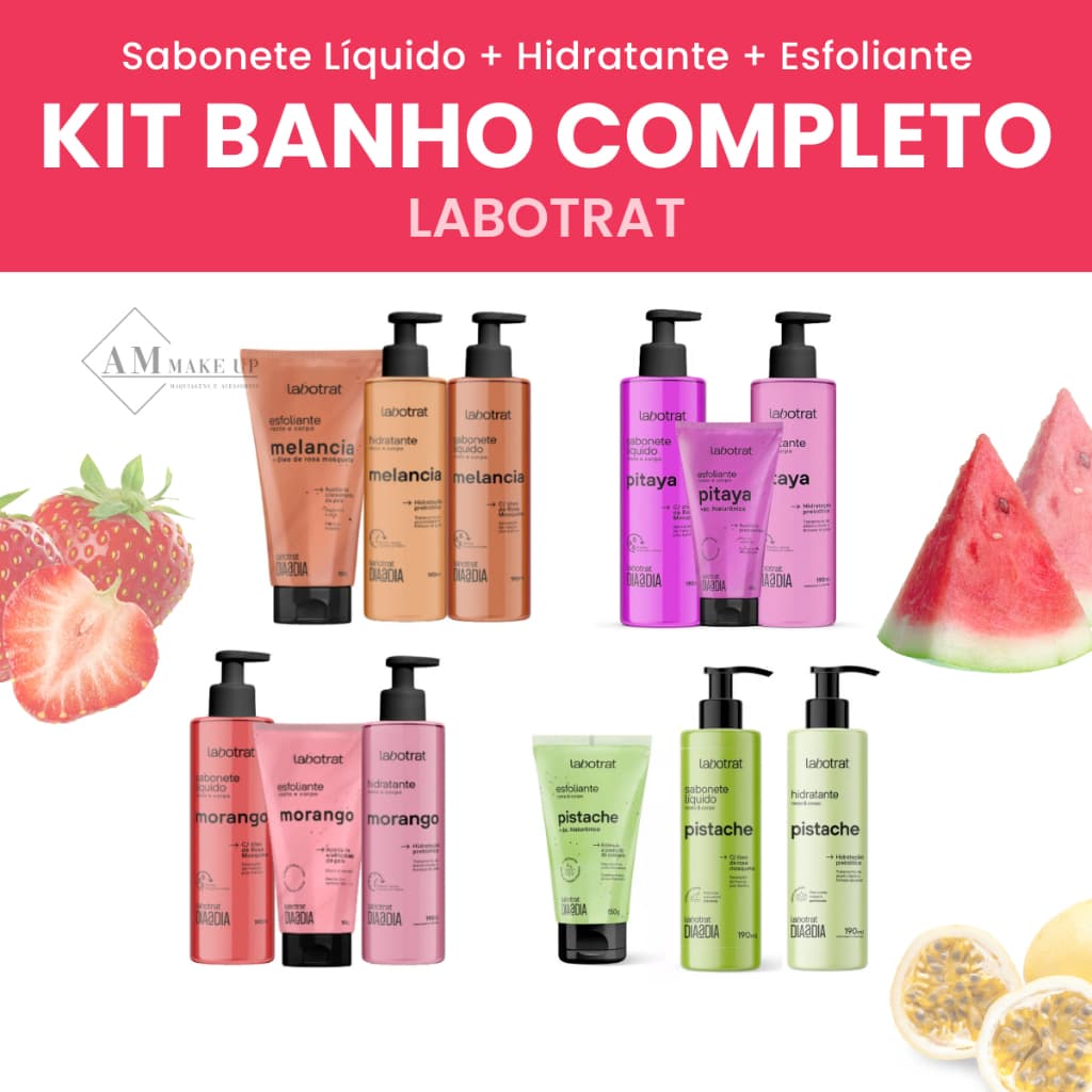 Kit Banho Labotrat - Sabonete + Esfoliante + Hidratante | Morango Melancia Pitaya Maracujá | Cuidados da Pele Dia a Dia