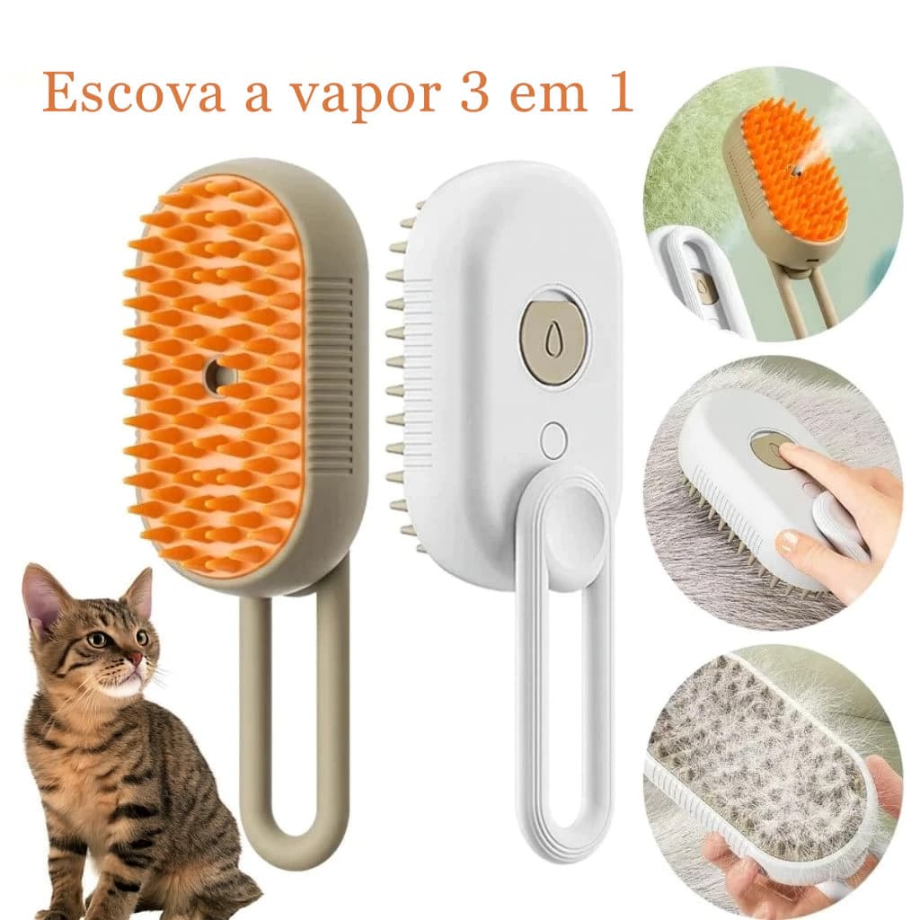 Escova a Vapor 3 em 1 para Pets – Remove Pelos Soltos, Massagem Relaxante e Vaporização Suave