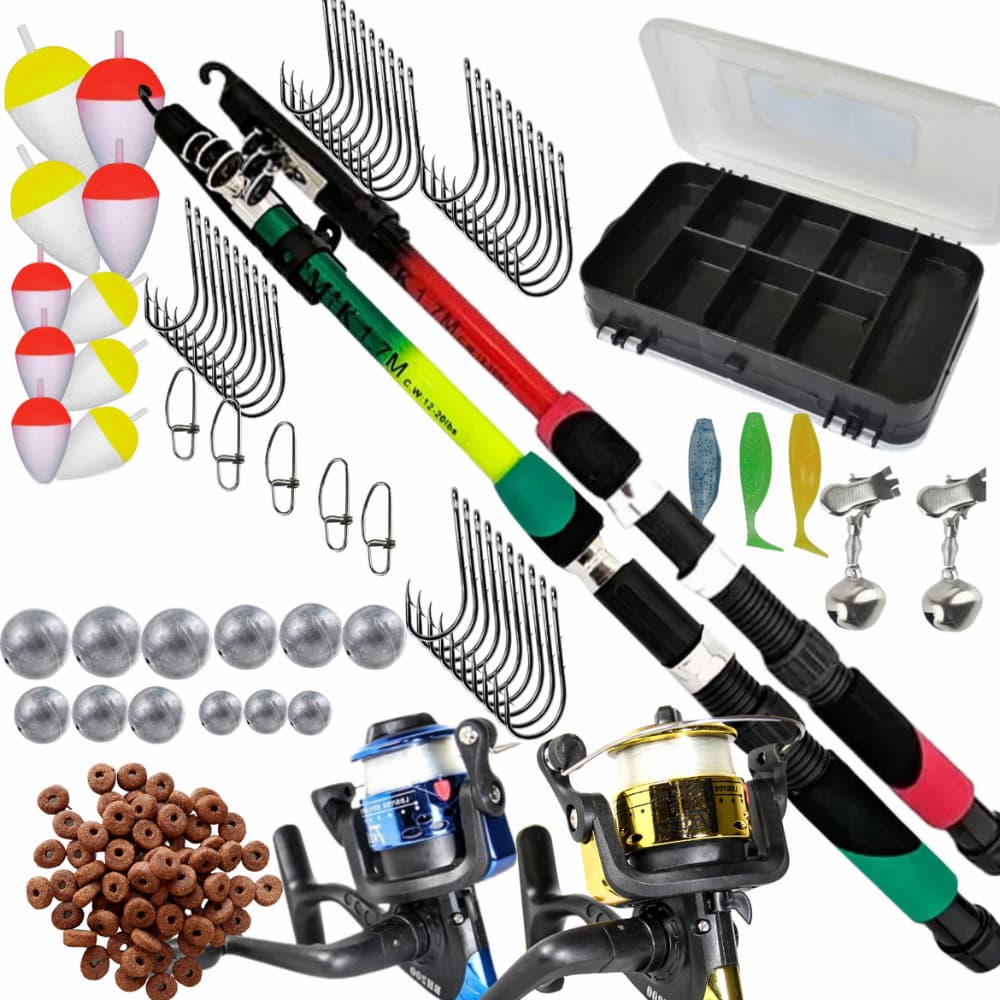 KIT PESCA PESQUEIRO COMPLETO 2 VARAS 2 MOLINETES ESTOJO COM ANZOL BOIA CHUMBADA ISCA MOLA E SINO