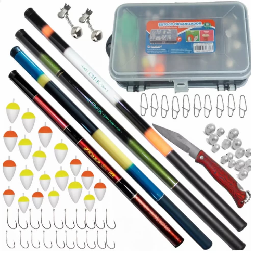 Kit Pesca 4 Varas Telescópica resistente Caixa Pesca Anzol Chumbada Boia Sino kit completo rios lagos pesqueiro tilápia