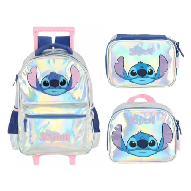 Kit Mochila Rodinha Stitch Holográfica Lancheira Estojo Box Prateado Stitch