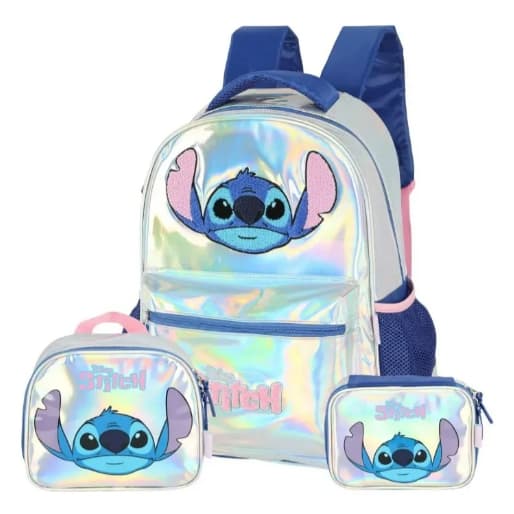 Kit Mochila Costas Holográfica Stitch Lancheira E Estojo Box Prateado Stitch