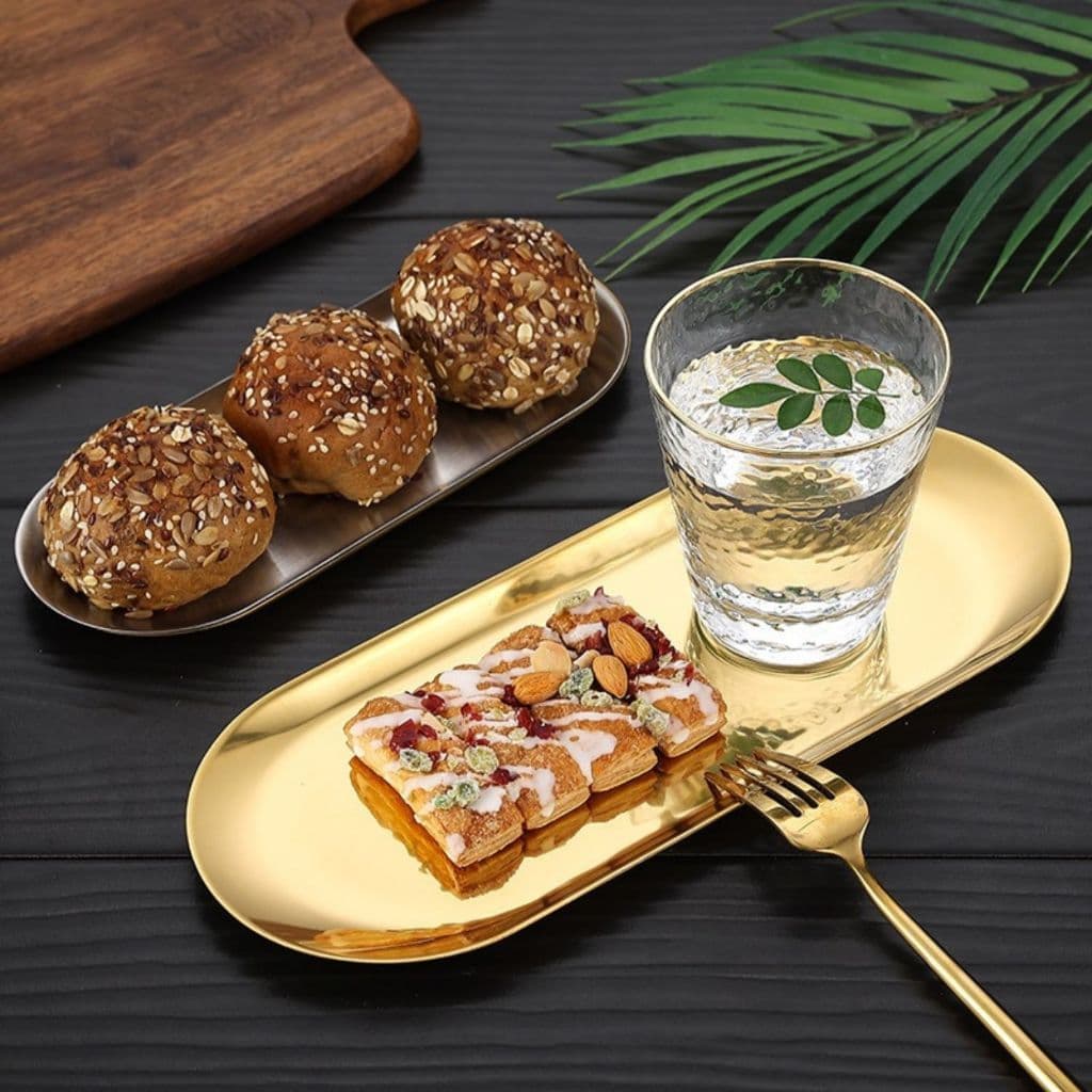 Bandeja Decorativa de Aço Inox Dourado Multiuso Joias Perfume Petiscos