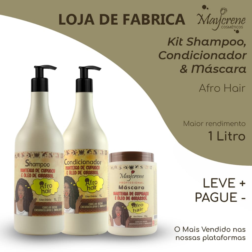 Kit Capilar Afro 3x1L | Shampoo + Condicionador + Máscara | Hidratação Profunda | Cabelos Crespos e Cacheados