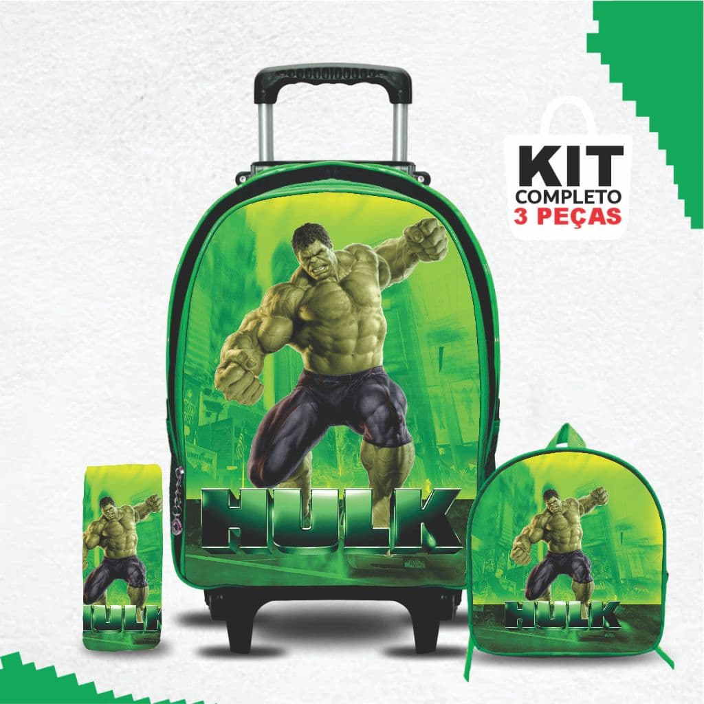 Kit mochila escolar Hulk com lancheira e Estojo - com Rodinhas - Menino -Masculino