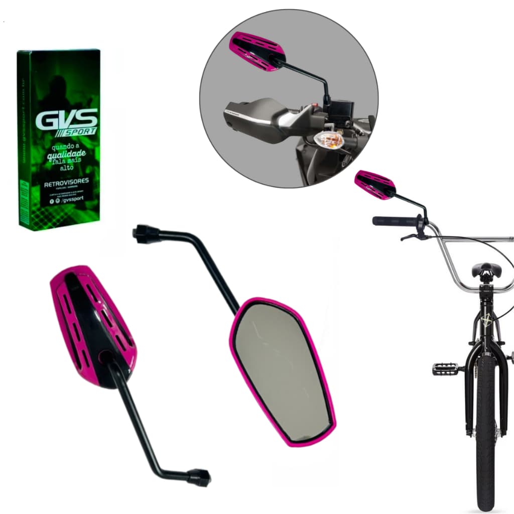 Retrovisor GVS GTX Rosa Lente Plana Moto Par ou Bike Com Adaptador Abraçadeira