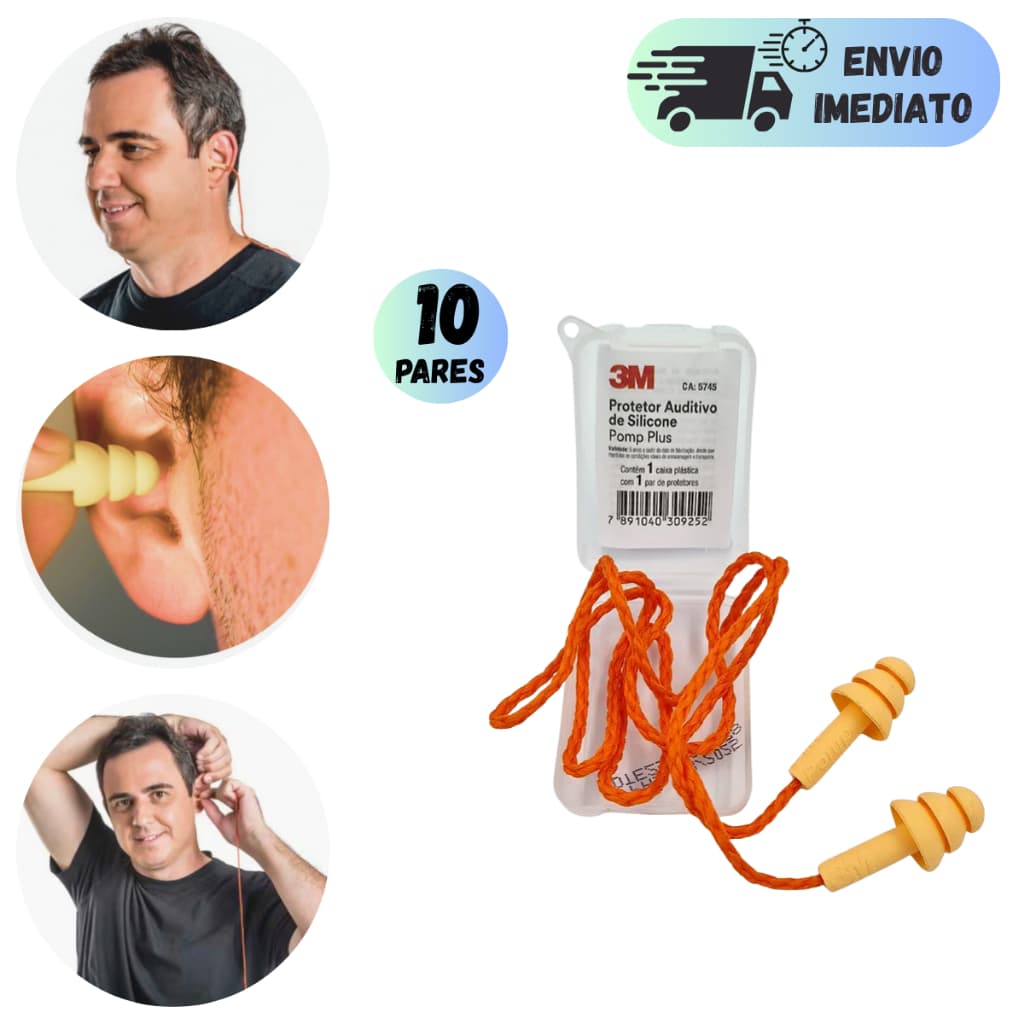 KIT 5 A 10 PROTETOR AURICULAR 3M POMP PLUS 18db SILICONE COM CORDÃO LARANJA ABAFADOR DE RUIDOS COM CA