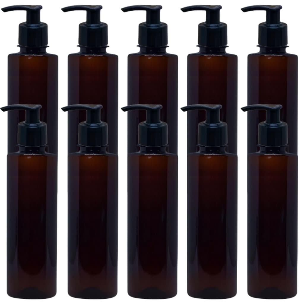 10 FRASCOS CILÍNDRICOS PET ÂMBAR 200ML COM VÁLVULA PUMP