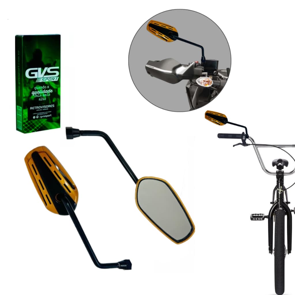 Retrovisor GVS GTX Dourado Lente Plana Moto Par ou Bike Com Adaptador Abraçadeira
