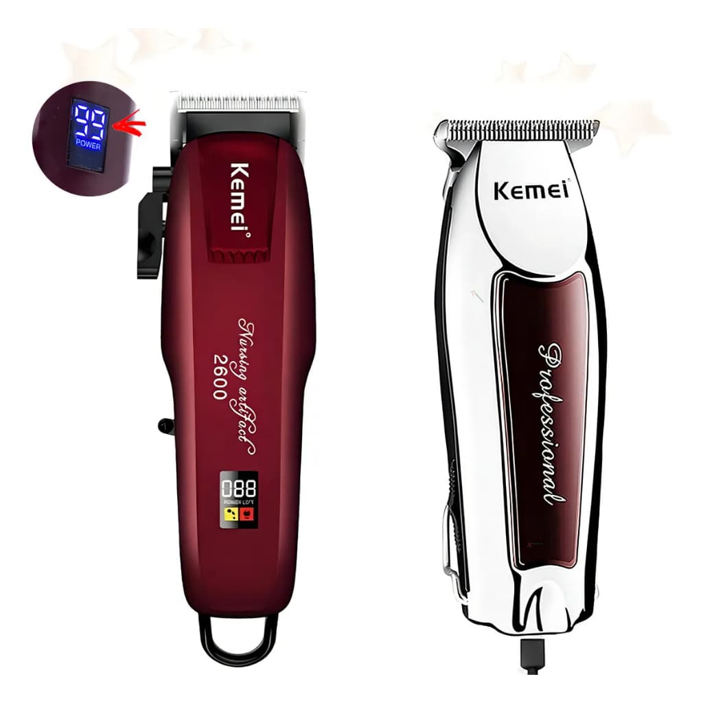 Kit 2 Máquina Profissional De Cortar Cabelo Bordô Kemei PG2600 E Máquina De Acabamento Kemei 9163