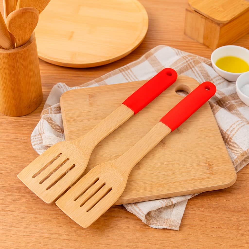 Kit 2 Espátulas de Bambu com Cabo em Silicone Vermelho 32cm Utensílio Resistente e Antiaderente