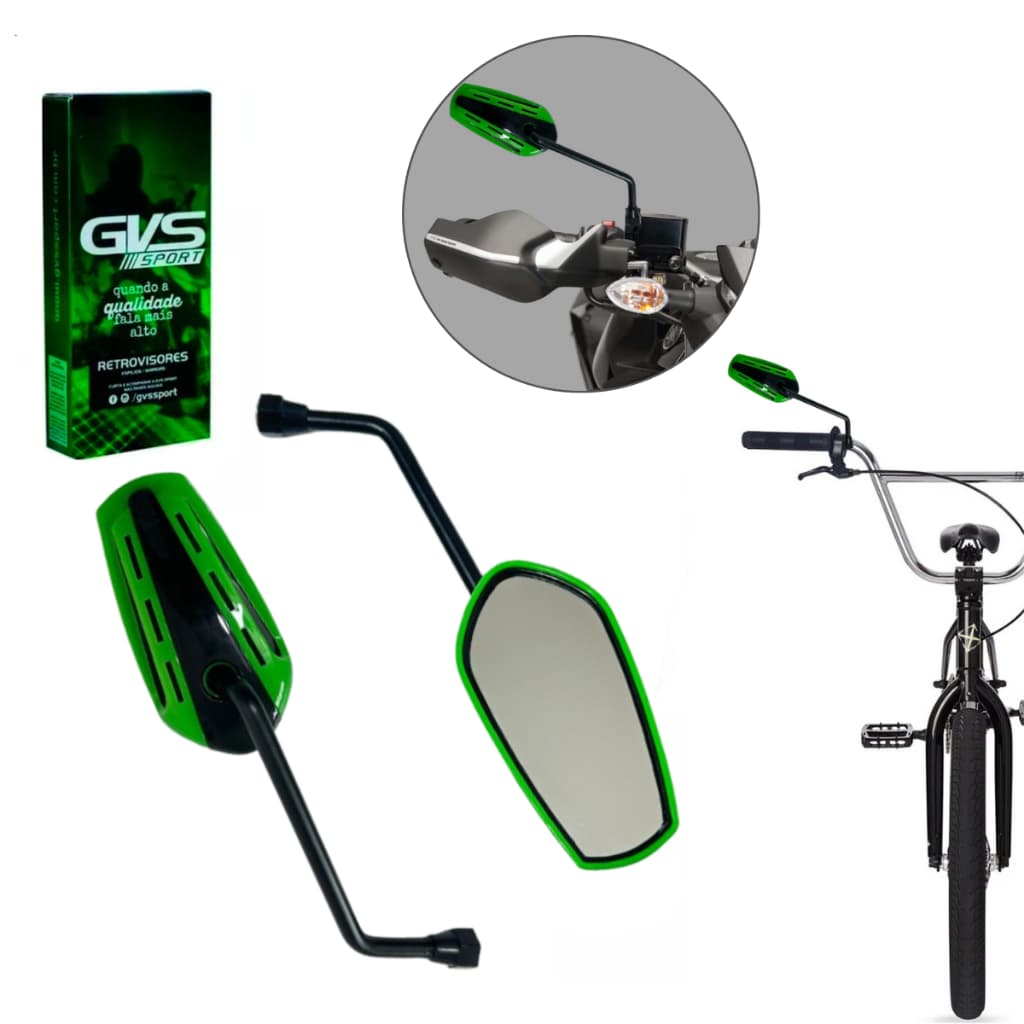 Retrovisor GVS GTX Verde Lente Plana Moto Par ou Bike Com Adaptador Abraçadeira