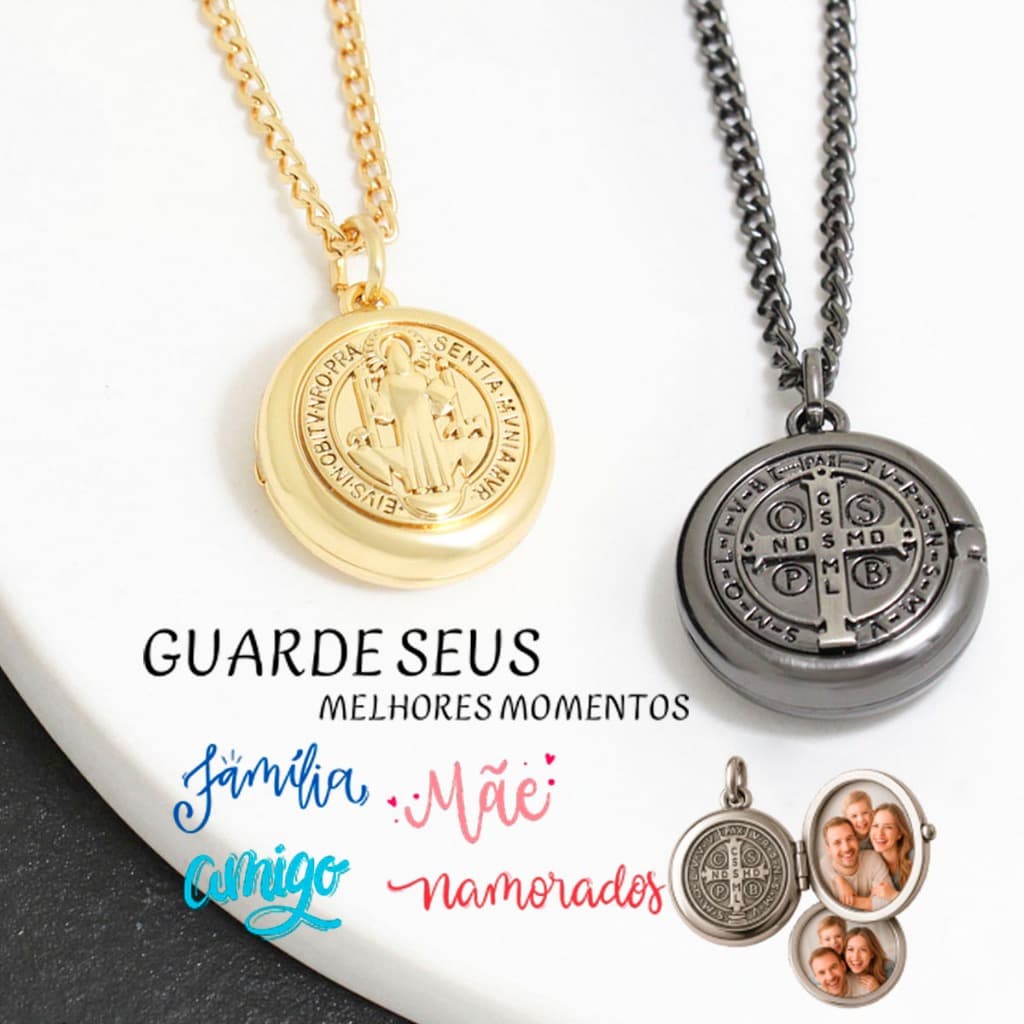 Colar Corrente Relicário Porta Fotos São Bento Banhado a Ouro - PRESENTE PAI NAMORADO