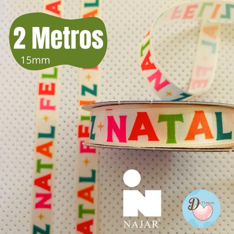 Fita Cetim Natal 2 Metros - 15mm para embalagens, laços, artesanatos e decoração.