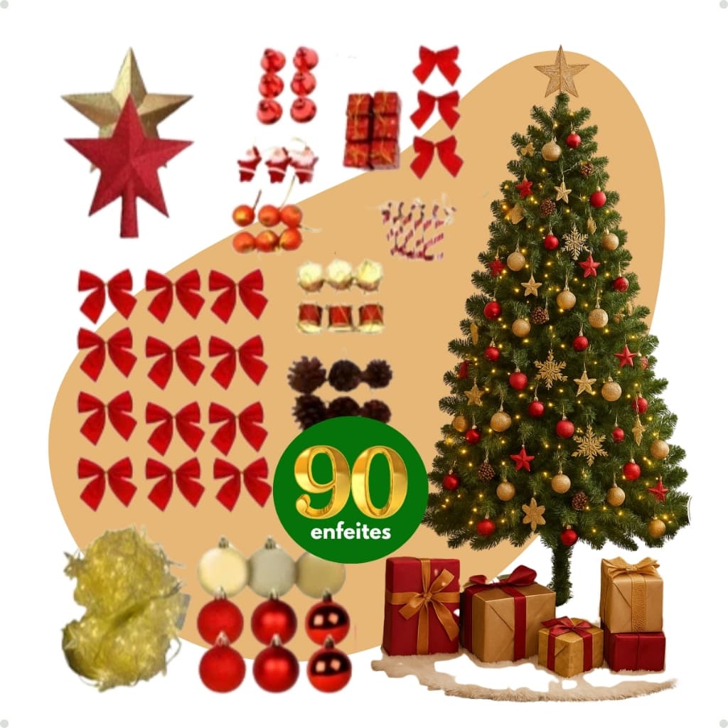 Kit Arvore De Natal 180cm 320 Galhos Cheia Pinheiro Com Opção Com Enfeites Decorações Natalina Premium Luxo