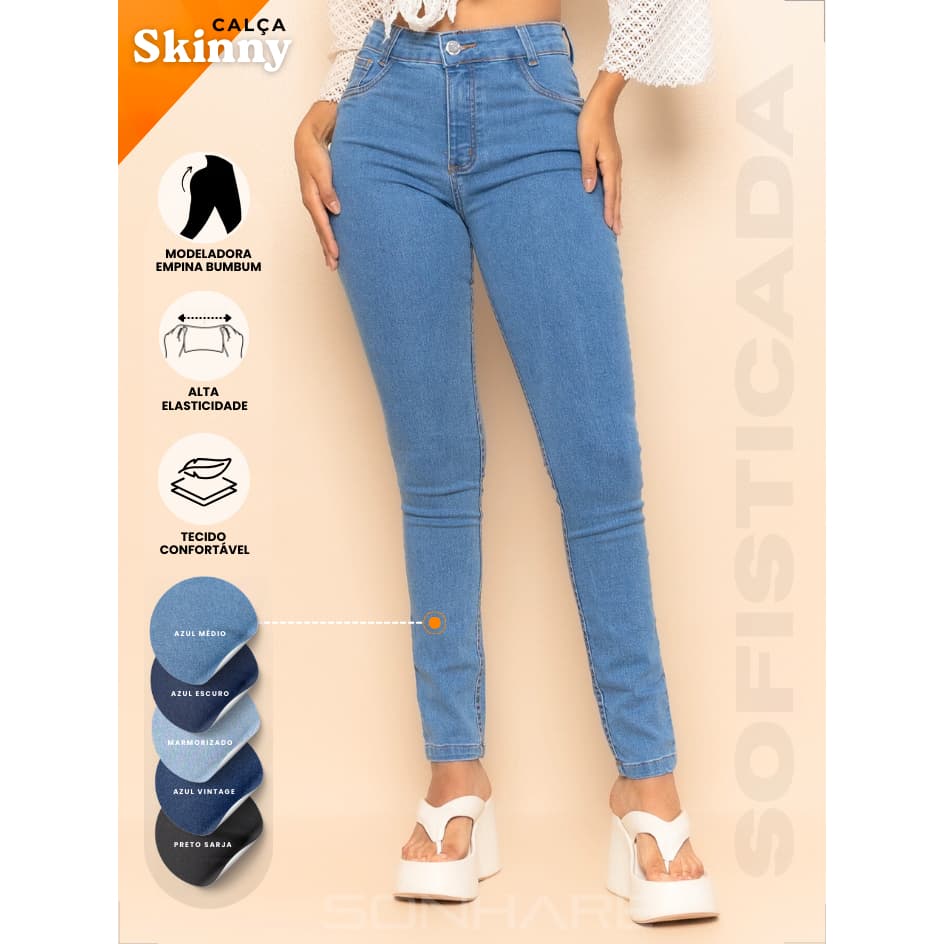 Calça Skinny Jeans Feminina com Lycra Cintura Alta Premium Promoção Estilo Moderno Sonhare Jeans
