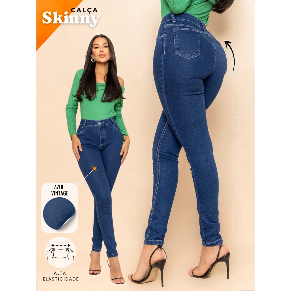 Calça Skinny Feminina Cintura Alta com Lycra Jeans Azul Super Confortável Levanta Bumbum Casual 02