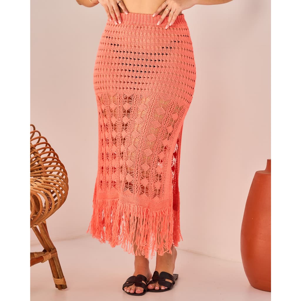 Saida De Praia Tricot Feminina Saia Franja Verão Moda Praia Tendência Elegante Confortável