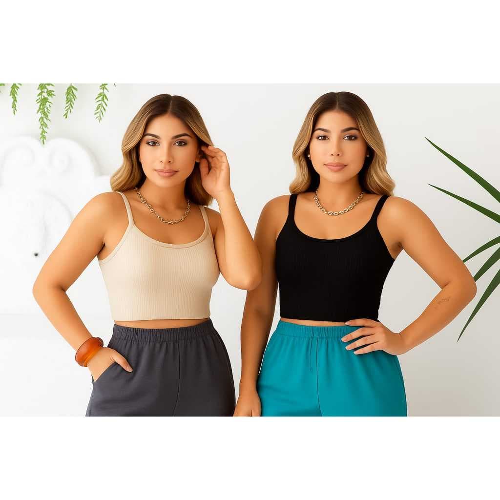 Kit 2 Blusa Cropped Regata Alça Fina Canelado
