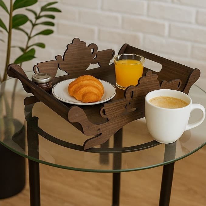 Bandeja Decoração Café Manhã Xícara Bule 30x20x11 MDF