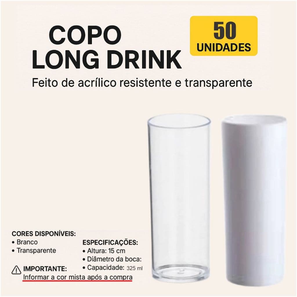 50 Copos Long Drink Acrílico 325 ml  Para Transfer , Resistente, Para Festa