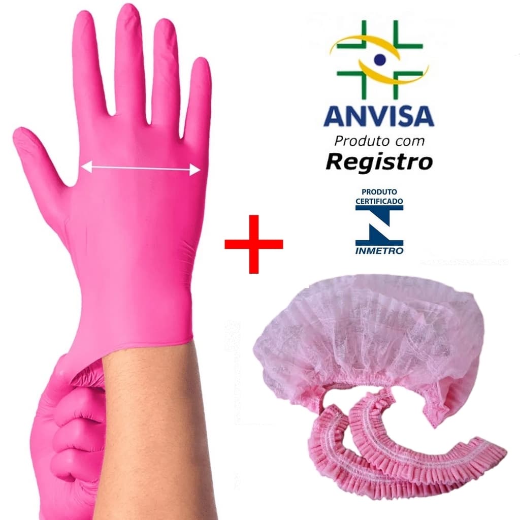 Kit Luva Nitrílica + Touca Descartável  Rosa TNT com registro ANVISA