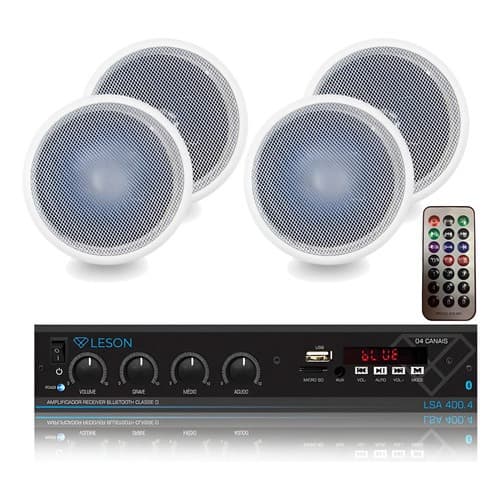 Kit 4 Arandelas Embutir Som Ambiente Br + Receiver Bluetooth Branco