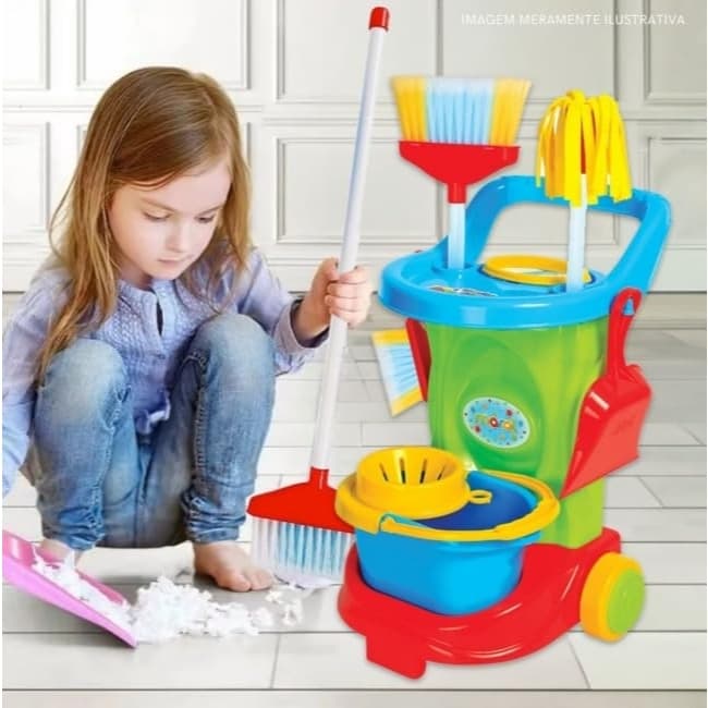 Kit Carrinho Limpeza Infantil Criança Colorido Presente Menino Menina Mop Esfregão Cleaning Trolley