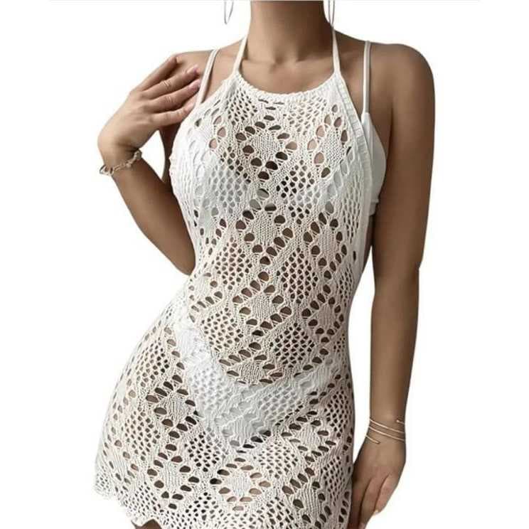 Saida de Praia Feminino Saida de Praia Branca Crochê Rendada Tricô