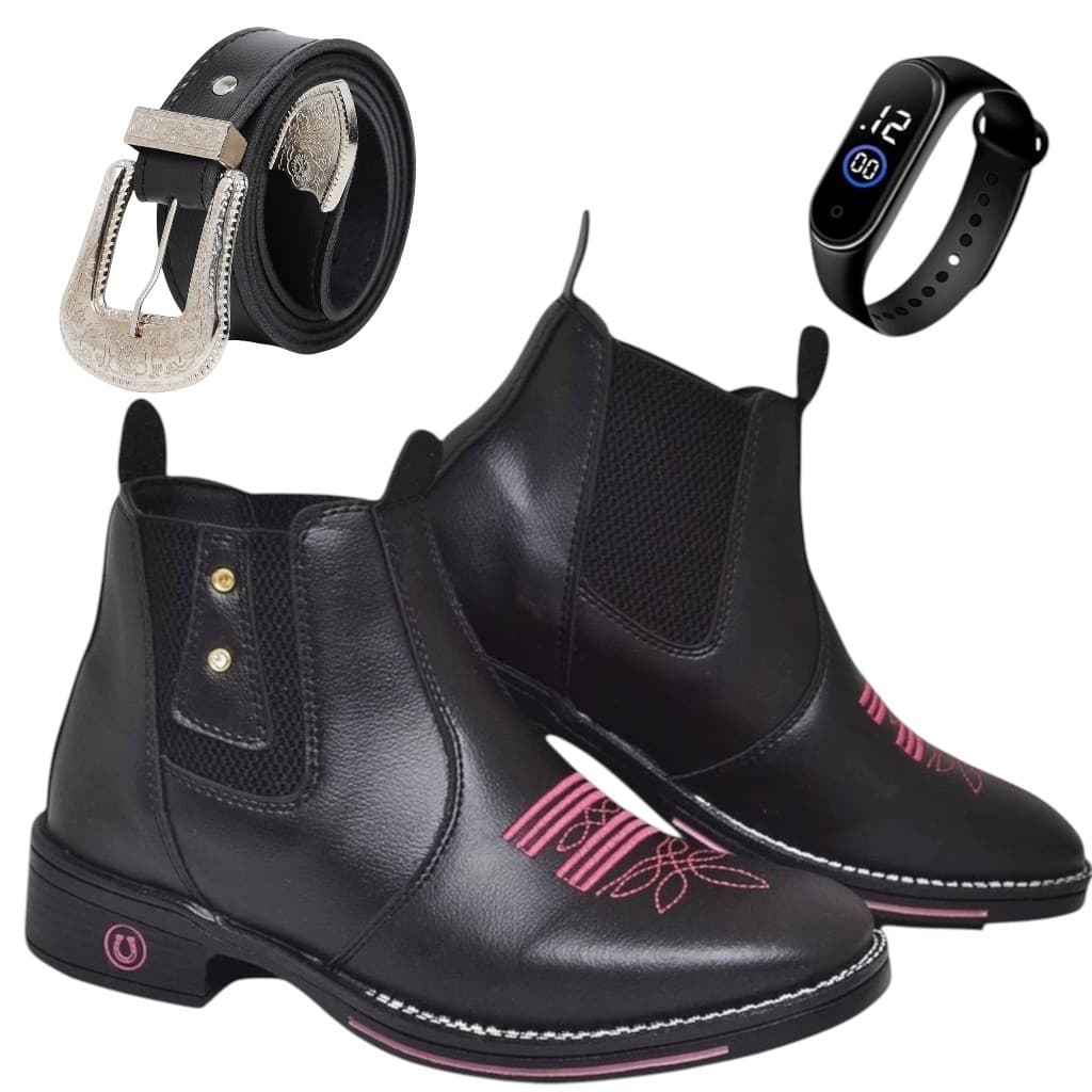 Kit Bota Feminina Couro Cano Curto Bordada + Cinto Country Fivela + Relógio Digital