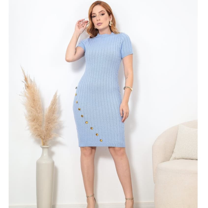 Vestido Feminino Tricot Modal Botão Curto Canelado Manga Primavera Verão Casual Ponto Crochê Chic