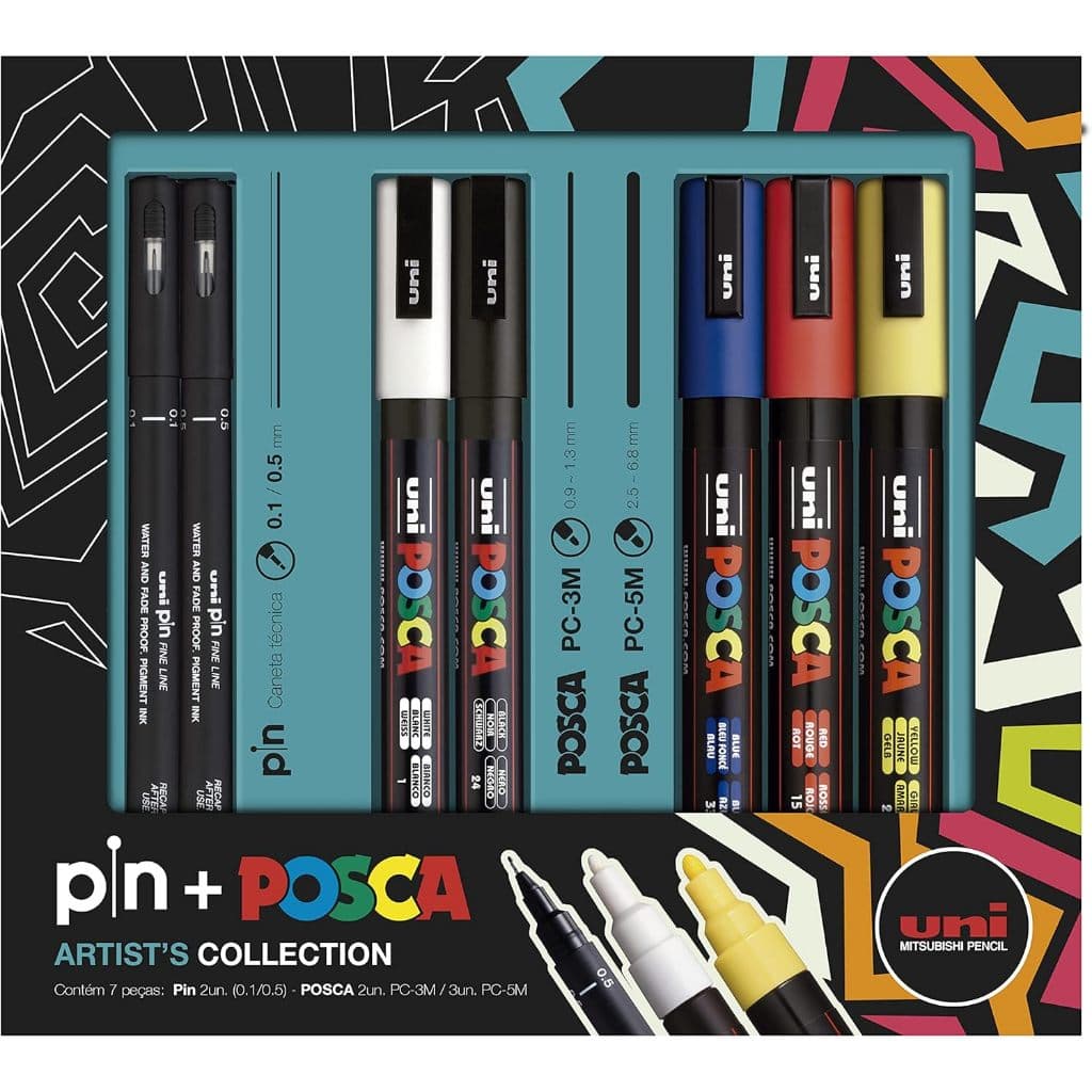 Kit Canetas Pin + Posca Artist's Collection, Caixa com 7 unidades