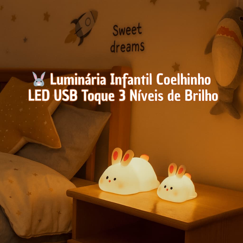 Luminária Abajur Coelhinho LED USB Quarto Infantil Luz Noturna Toque Decorativa 3 Níveis de Brilho