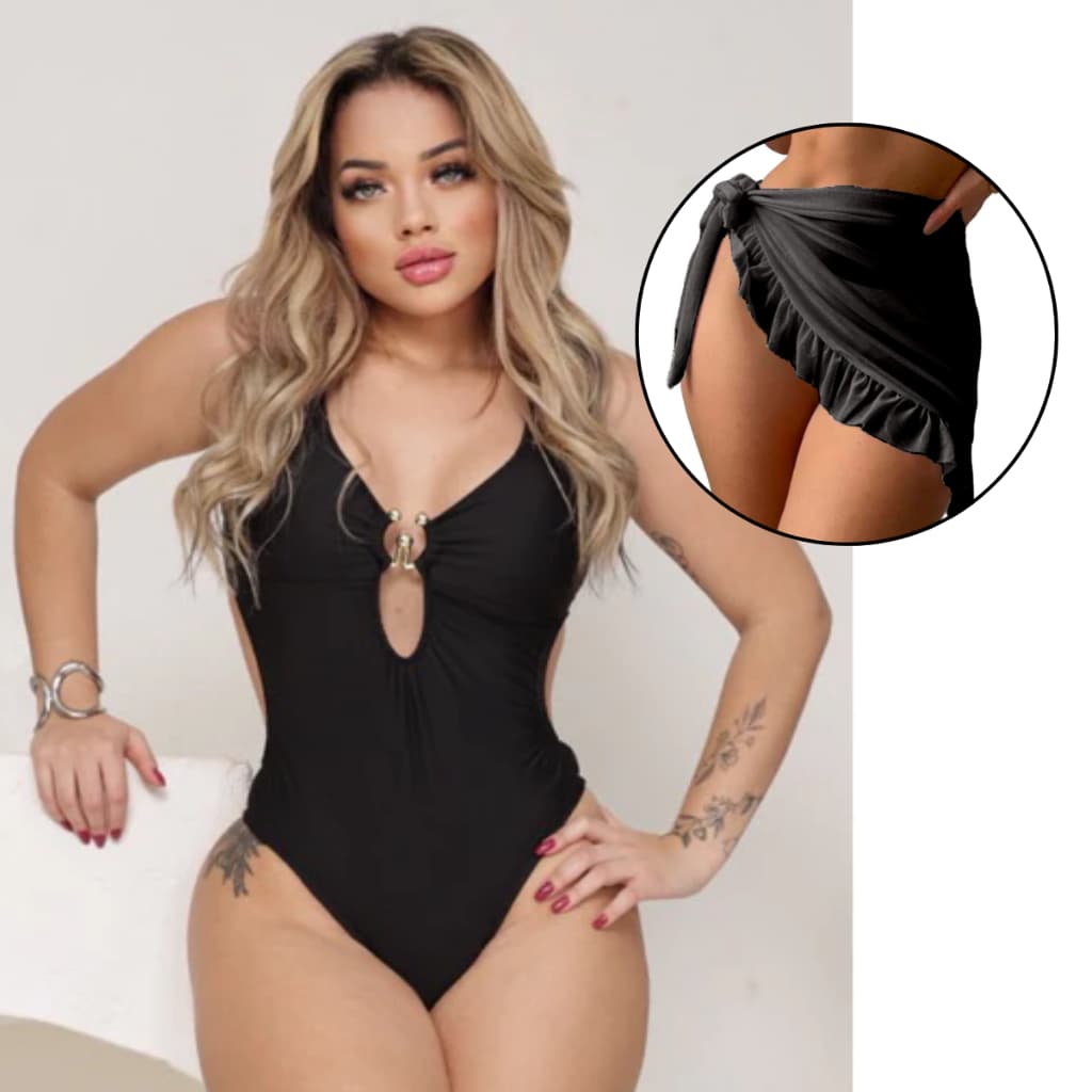 kit Maiô Argola Feminino Costas Nua Novidade Moda 2025 Elegante Promoção + Saia Pareô Curta Saída Praia Envelope