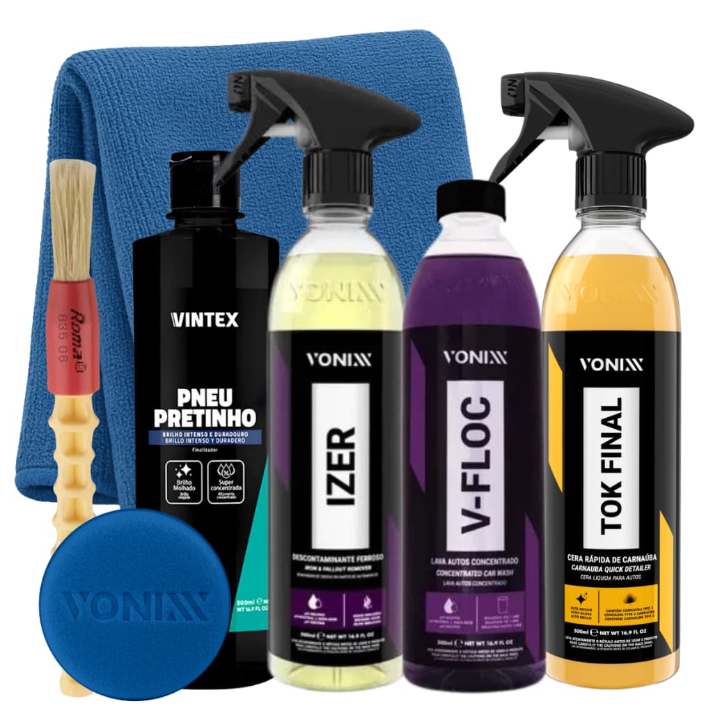KIT IZER DESCONTAMINANTE FERROSO 500ML SHAMPOO V-FLOC CERA TOK FINAL VONIXX PNEU PRETINHO VINTEX